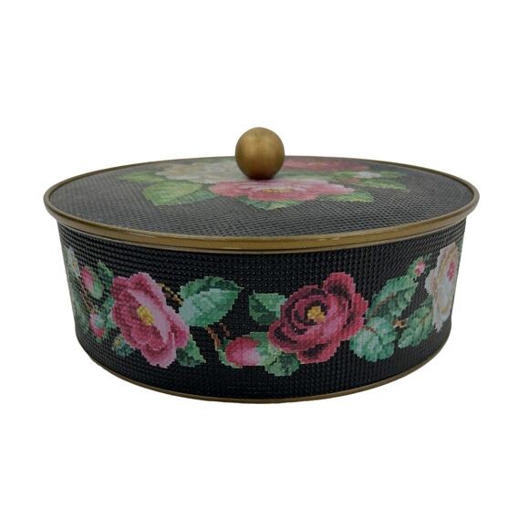 Vintage 1940s Guildcraft Floral Textured Round Sewing Tin Needlepoint Black - Picture 1 of 6
